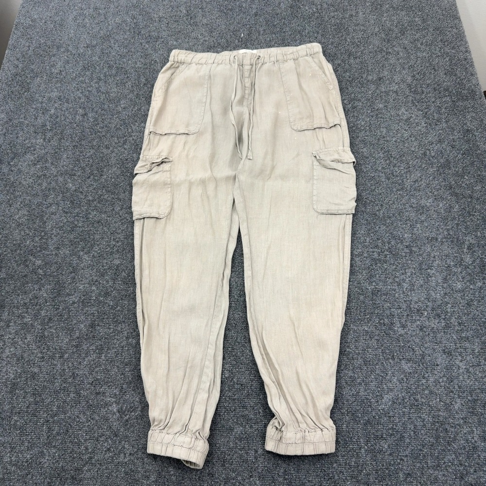 Nicole Miller Cargo Pants Women M Tan Linen Jogger Casual Utility Boho